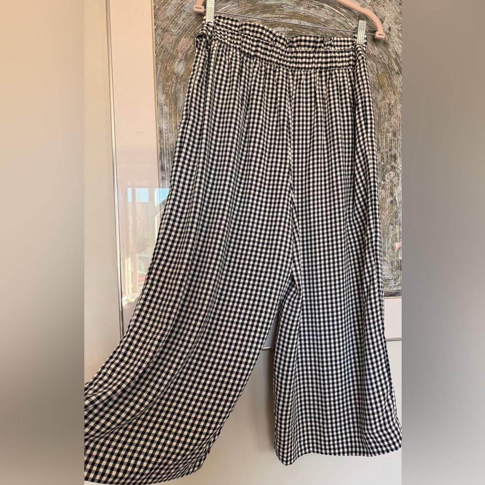 Zara Dark Blue Navy & White Gingham Wide-Leg Tie-Waist Pants - Picture 2 of 6